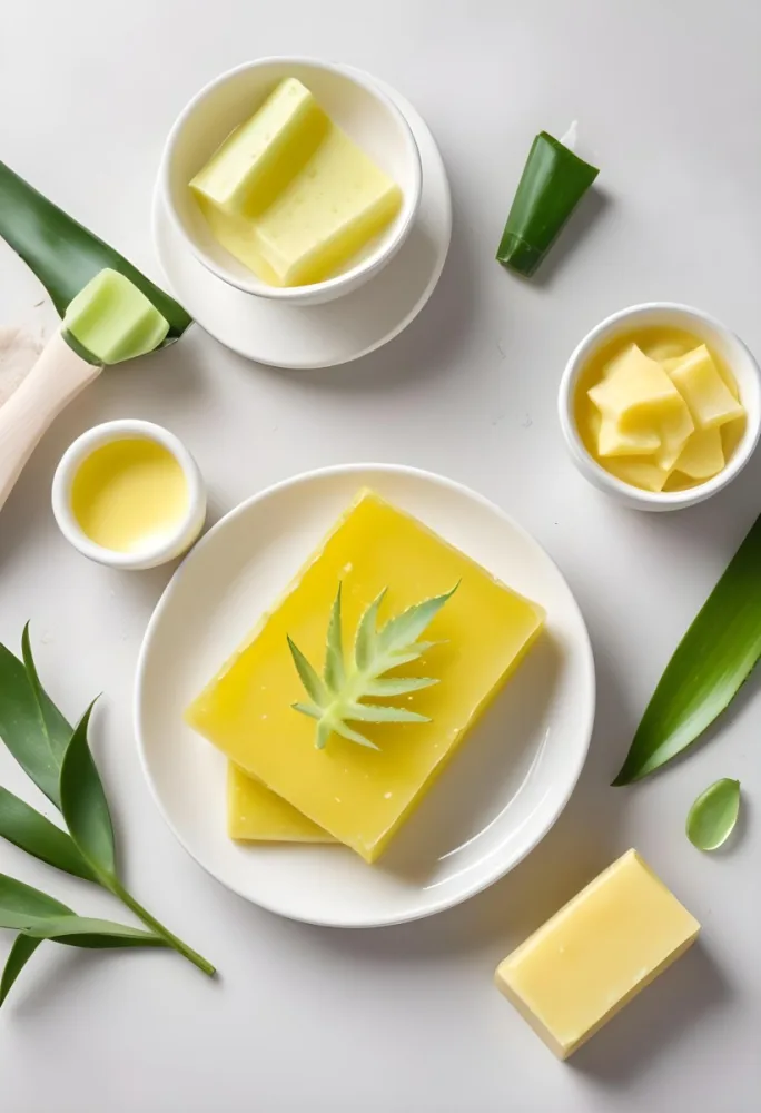 Aloe Vera Leaves On A White Plate Yellow Soap Bar Jar With Aloe Vera Gel Bowl With White Cream Bowl With Yellow Powder On A White Background 2 4aa4