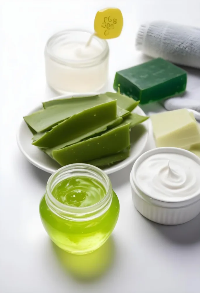 Aloe Vera Leaves On A White Plate Yellow Soap Bar Jar With Aloe Vera Gel Bowl With White Cream Bowl With Yellow Powder On A White Background 26 2206