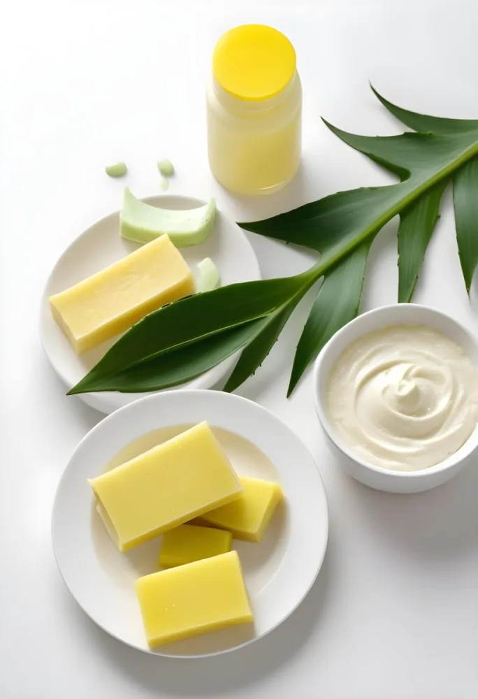 Aloe Vera Leaves On A White Plate Yellow Soap Bar Jar With Aloe Vera Gel Bowl With White Cream Bowl With Yellow Powder On A White Background 33 D6da