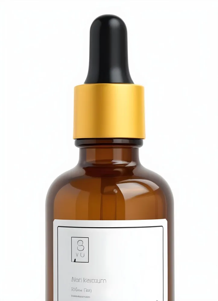Amber Glass Bottle With A White Cap And Glass Dropper White Label Against A Clean White Background Minimalist Design Product Photography Studio Lighting 10 161b