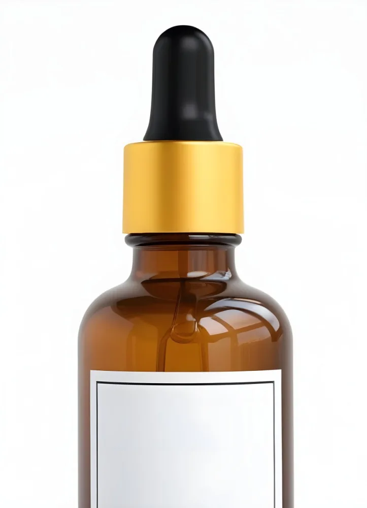 Amber Glass Bottle With A White Cap And Glass Dropper White Label Against A Clean White Background Minimalist Design Product Photography Studio Lighting 13 03cd