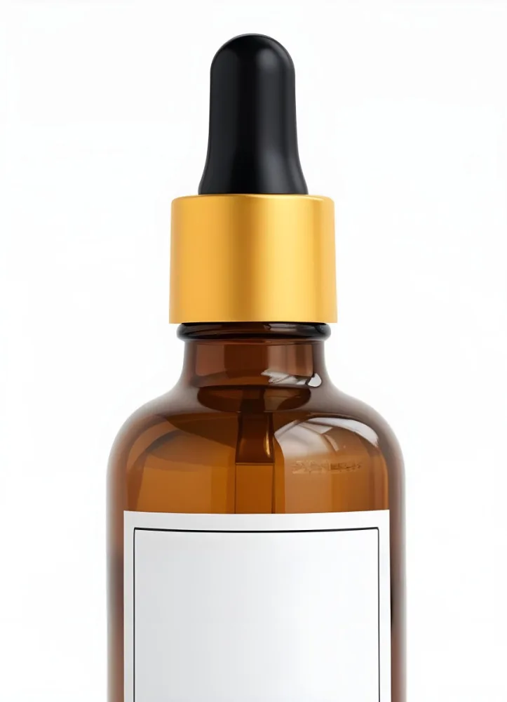 Amber Glass Bottle With A White Cap And Glass Dropper White Label Against A Clean White Background Minimalist Design Product Photography Studio Lighting 14 35a9