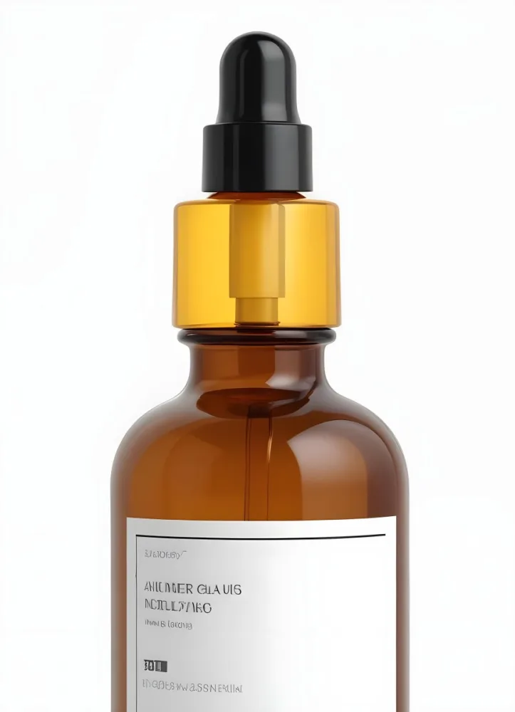 Amber Glass Bottle With A White Cap And Glass Dropper White Label Against A Clean White Background Minimalist Design Product Photography Studio Lighting 7 5f94