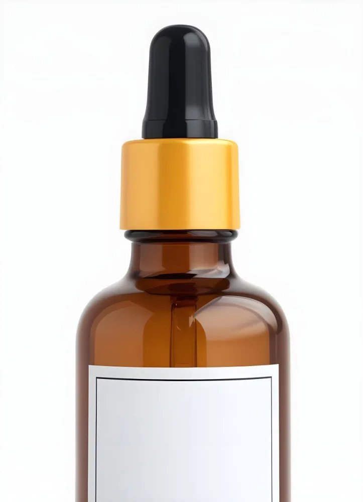 Amber Glass Bottle With A White Cap And Glass Dropper White Label Against A Clean White Background Minimalist Design Product Photography Studio Lighting 9 7f36