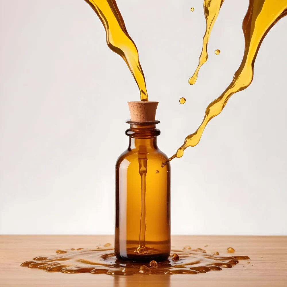 Amber Glass Bottle With Dropper And Wooden Cap Surrounded By Splashing Yellow Liquid Isolated On White Background 1 F3aa