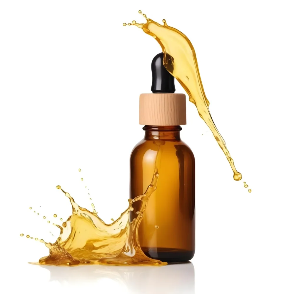 Amber Glass Bottle With Dropper And Wooden Cap Surrounded By Splashing Yellow Liquid Isolated On White Background 15 Bfca