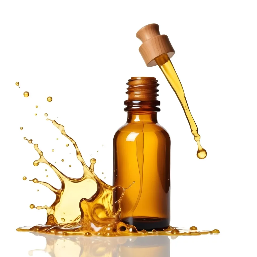 Amber Glass Bottle With Dropper And Wooden Cap Surrounded By Splashing Yellow Liquid Isolated On White Background 8 08dc
