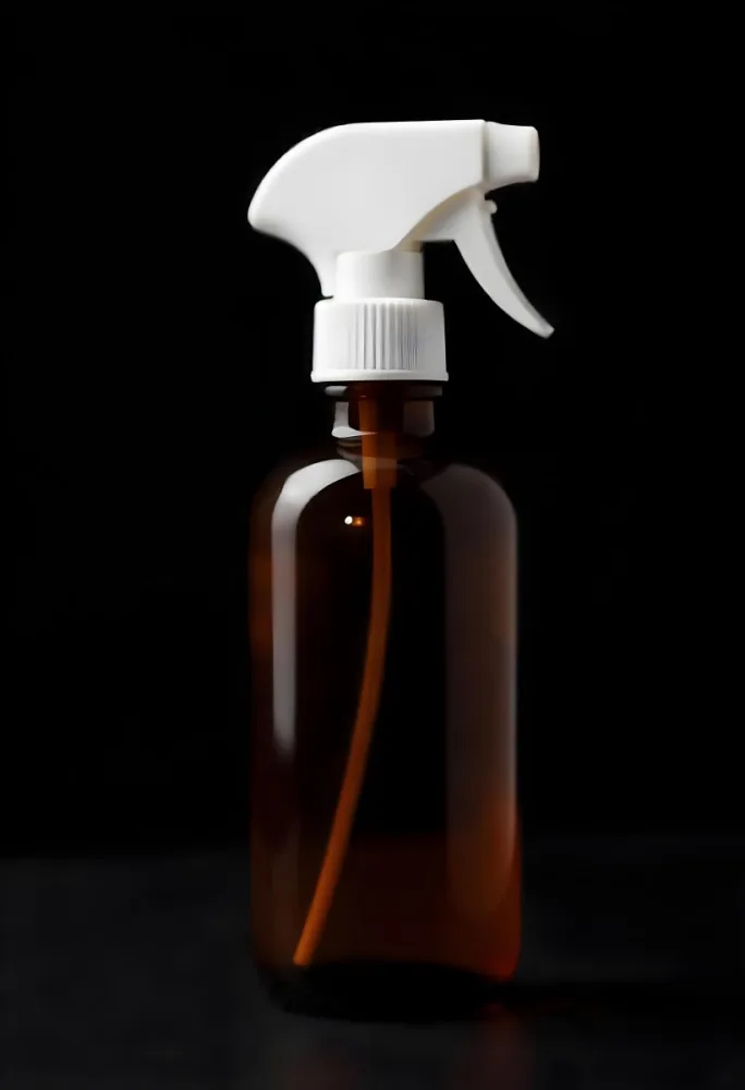 An Amber Glass Spray Bottle With A White Spray Nozzle The Bottle Is Empty The Background Is Black 14 5f68