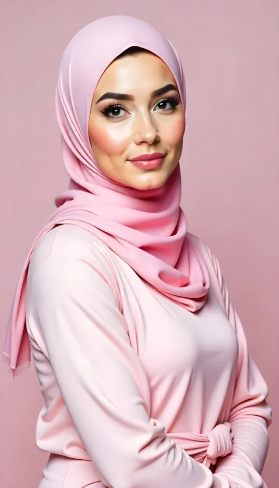 An Arab Woman 23 Years Old Light Skin Black Eyes Wearing A Pink Hijab Pink Lipstick In A Pink Background 14 3c7a