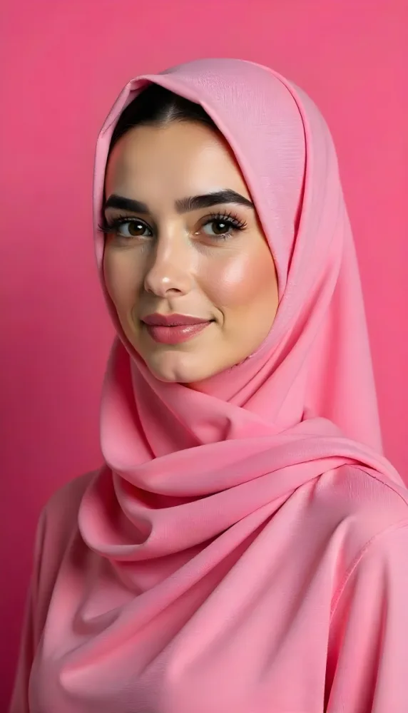 An Arab Woman 23 Years Old Light Skin Black Eyes Wearing A Pink Hijab Pink Lipstick In A Pink Background 24 3dbb