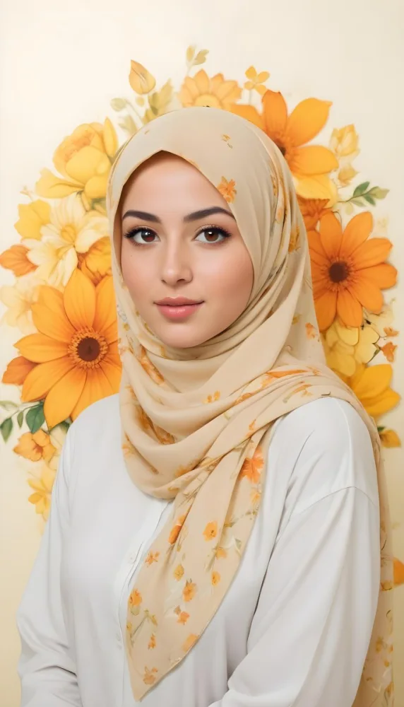 An Arab Woman 23 Years Old With Orange Hair And Light Skin Wearing A White Hijab And A Yellow Shirt In Front Of A Yellow And Orange Floral Background 13 13b1