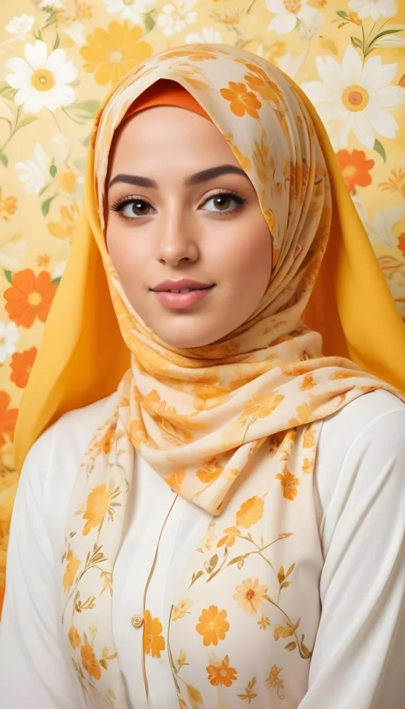 An Arab Woman 23 Years Old With Orange Hair And Light Skin Wearing A White Hijab And A Yellow Shirt In Front Of A Yellow And Orange Floral Background 14 Ec3c