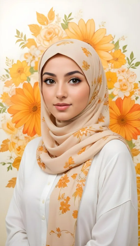 An Arab Woman 23 Years Old With Orange Hair And Light Skin Wearing A White Hijab And A Yellow Shirt In Front Of A Yellow And Orange Floral Background 17 85b9