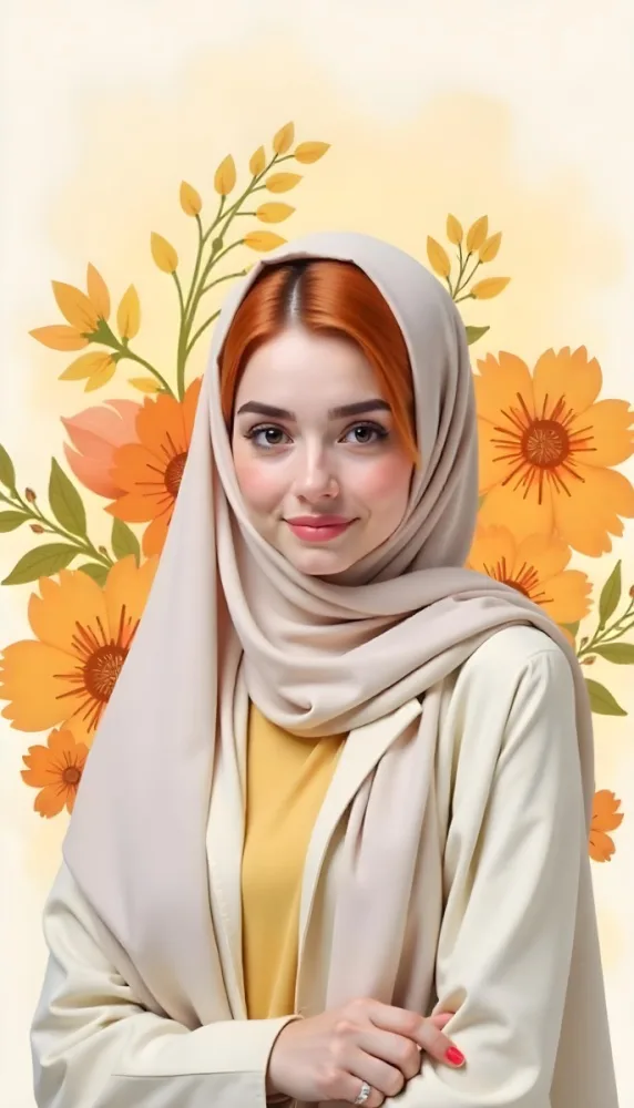 An Arab Woman 23 Years Old With Orange Hair And Light Skin Wearing A White Hijab And A Yellow Shirt In Front Of A Yellow And Orange Floral Background 17 D039