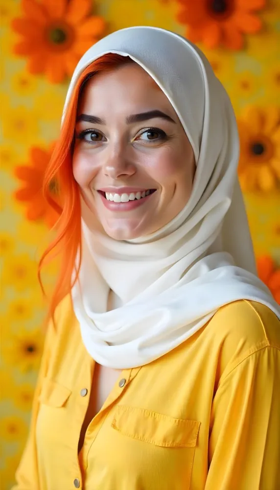 An Arab Woman 23 Years Old With Orange Hair And Light Skin Wearing A White Hijab And A Yellow Shirt In Front Of A Yellow And Orange Floral Background 18 A161
