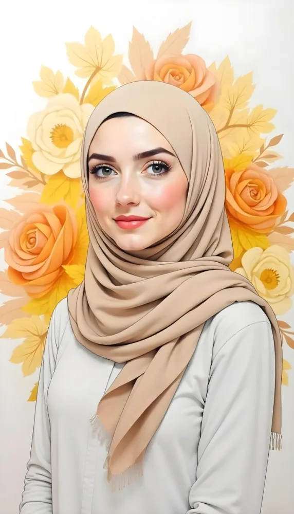 An Arab Woman 23 Years Old With Orange Hair And Light Skin Wearing A White Hijab And A Yellow Shirt In Front Of A Yellow And Orange Floral Background 2 597b