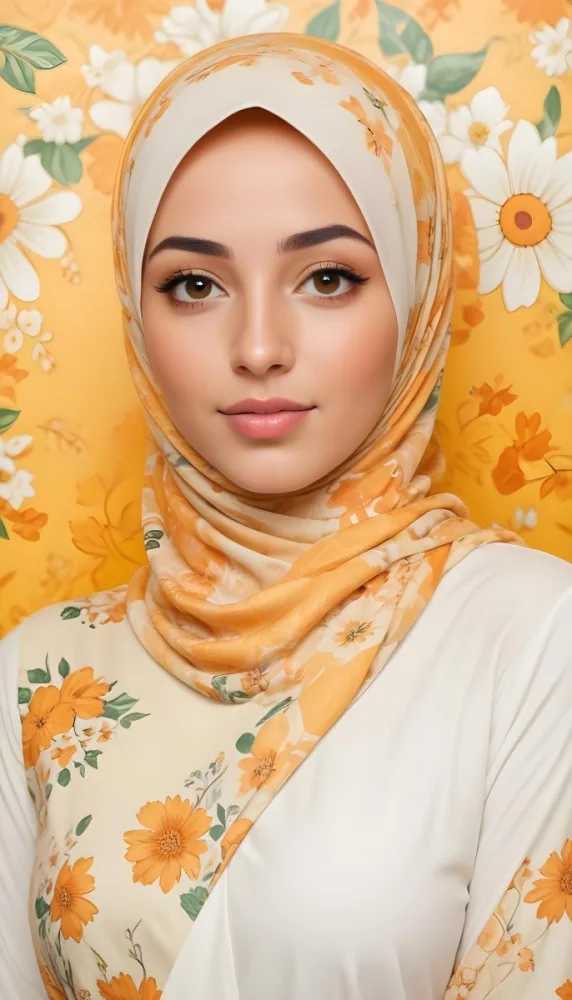 An Arab Woman 23 Years Old With Orange Hair And Light Skin Wearing A White Hijab And A Yellow Shirt In Front Of A Yellow And Orange Floral Background 2 E41d