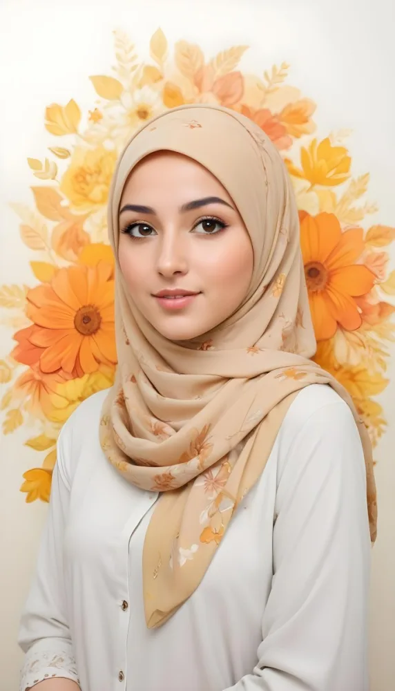 An Arab Woman 23 Years Old With Orange Hair And Light Skin Wearing A White Hijab And A Yellow Shirt In Front Of A Yellow And Orange Floral Background 20 9519