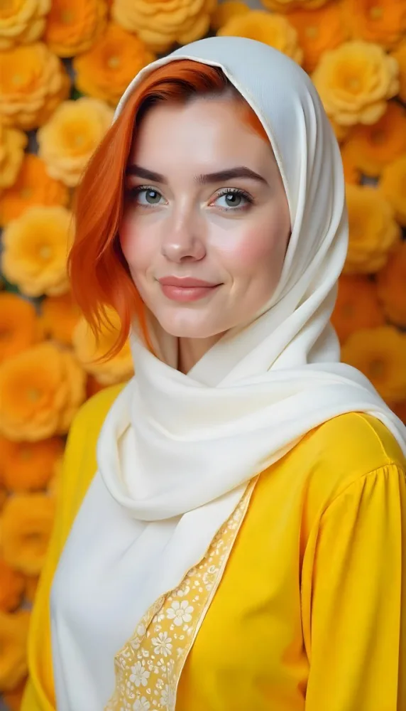 An Arab Woman 23 Years Old With Orange Hair And Light Skin Wearing A White Hijab And A Yellow Shirt In Front Of A Yellow And Orange Floral Background 20 C29a