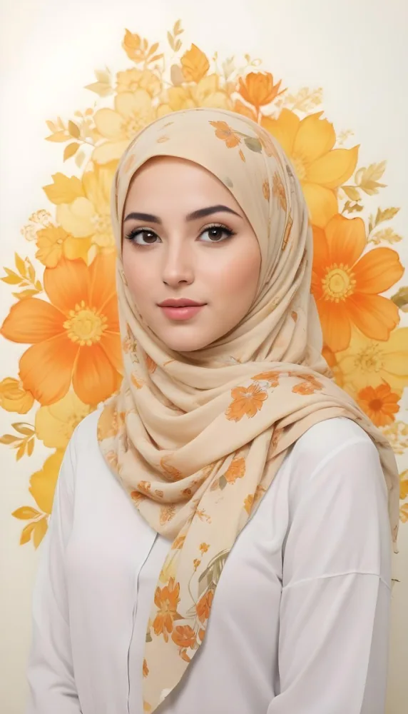 An Arab Woman 23 Years Old With Orange Hair And Light Skin Wearing A White Hijab And A Yellow Shirt In Front Of A Yellow And Orange Floral Background 21 E40b