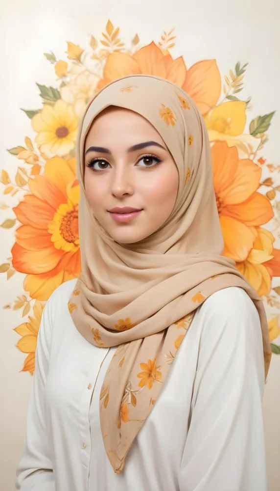 An Arab Woman 23 Years Old With Orange Hair And Light Skin Wearing A White Hijab And A Yellow Shirt In Front Of A Yellow And Orange Floral Background 22 9700