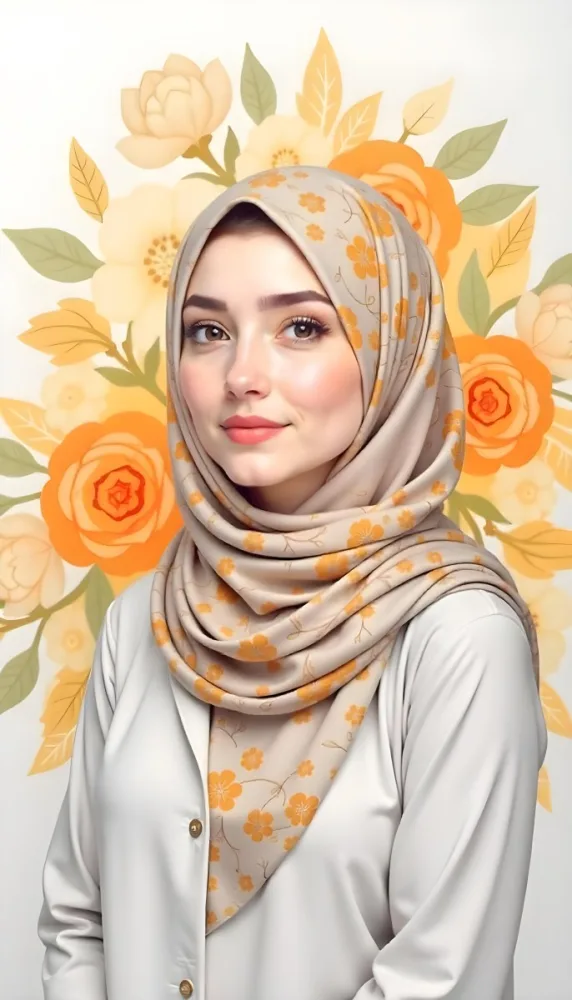 An Arab Woman 23 Years Old With Orange Hair And Light Skin Wearing A White Hijab And A Yellow Shirt In Front Of A Yellow And Orange Floral Background 23 4d3a