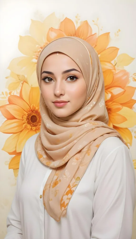 An Arab Woman 23 Years Old With Orange Hair And Light Skin Wearing A White Hijab And A Yellow Shirt In Front Of A Yellow And Orange Floral Background 24 Ba0b