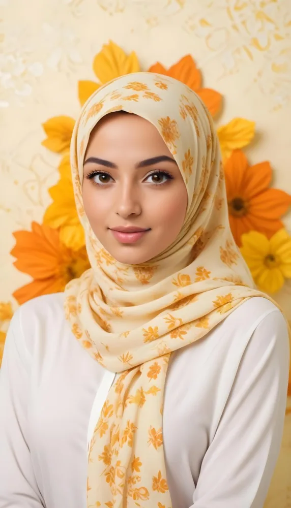 An Arab Woman 23 Years Old With Orange Hair And Light Skin Wearing A White Hijab And A Yellow Shirt In Front Of A Yellow And Orange Floral Background 25 535e