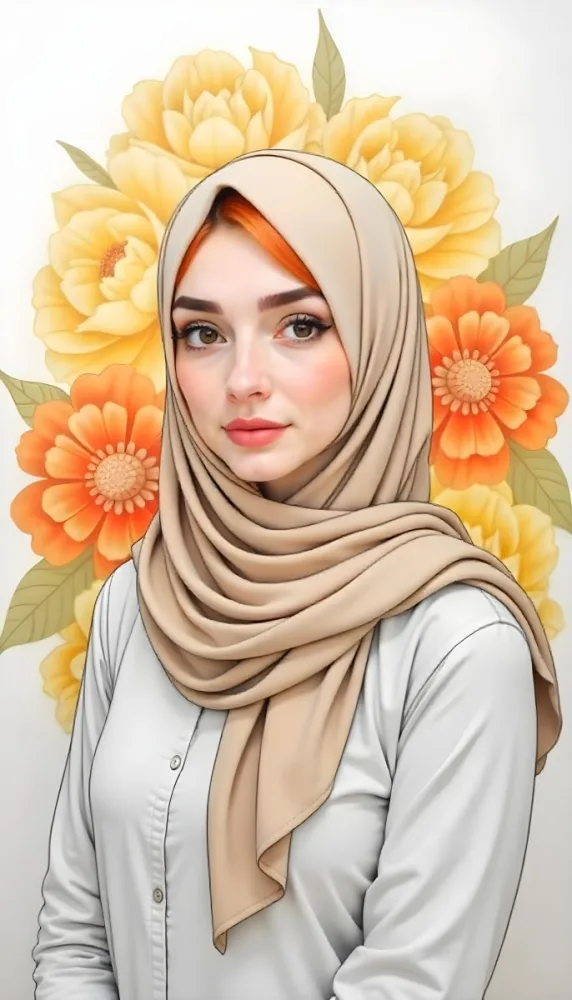 An Arab Woman 23 Years Old With Orange Hair And Light Skin Wearing A White Hijab And A Yellow Shirt In Front Of A Yellow And Orange Floral Background 25 7c41