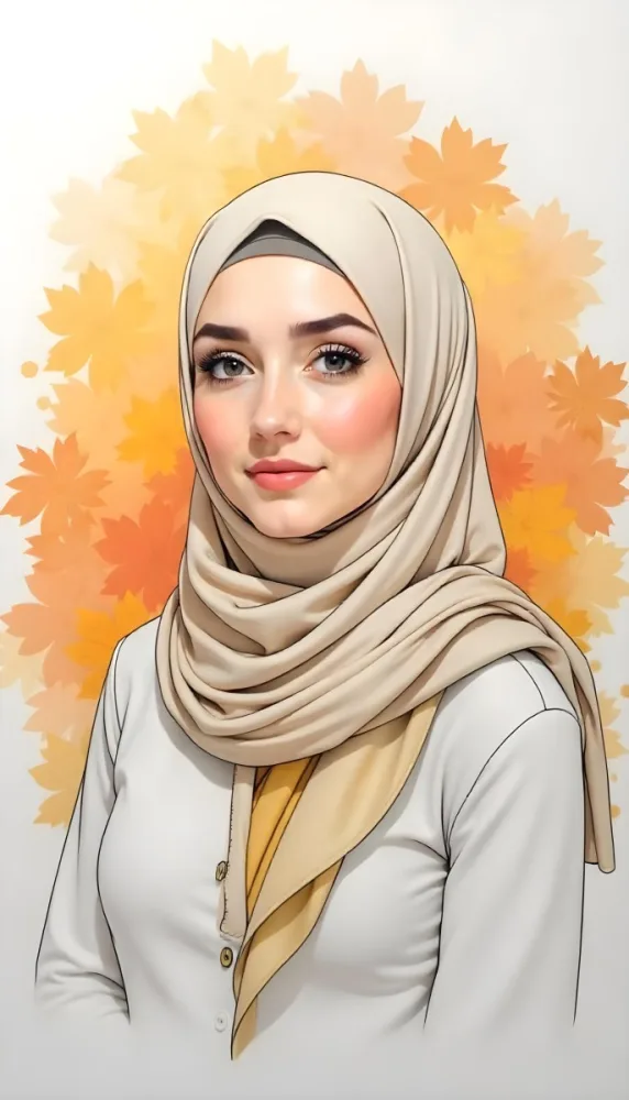 An Arab Woman 23 Years Old With Orange Hair And Light Skin Wearing A White Hijab And A Yellow Shirt In Front Of A Yellow And Orange Floral Background 26 B120