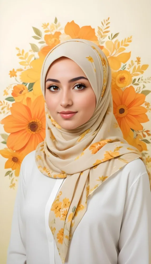 An Arab Woman 23 Years Old With Orange Hair And Light Skin Wearing A White Hijab And A Yellow Shirt In Front Of A Yellow And Orange Floral Background 29 056f