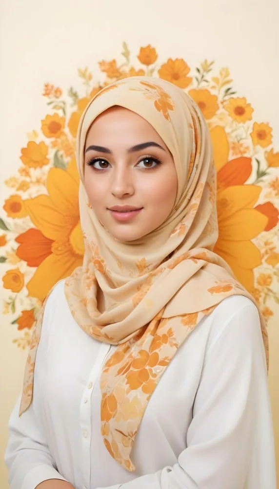 An Arab Woman 23 Years Old With Orange Hair And Light Skin Wearing A White Hijab And A Yellow Shirt In Front Of A Yellow And Orange Floral Background 7 620d
