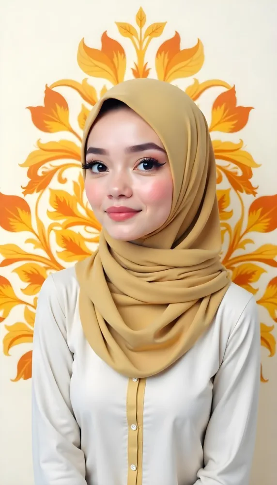 An Arab Woman 23 Years Old With Orange Hair And Light Skin Wearing A White Hijab And A Yellow Shirt In Front Of A Yellow And Orange Floral Background 7 8544