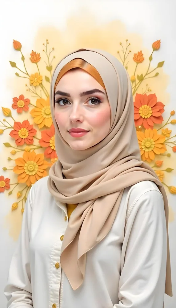 An Arab Woman 23 Years Old With Orange Hair And Light Skin Wearing A White Hijab And A Yellow Shirt In Front Of A Yellow And Orange Floral Background 9 8b39