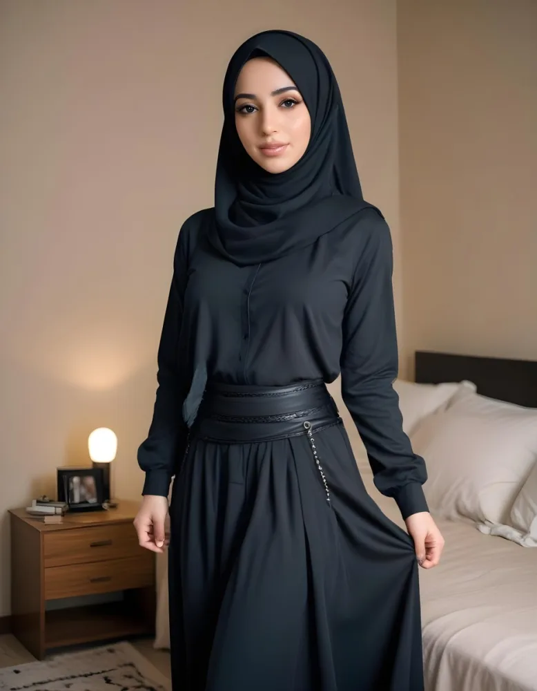 An Arab Woman 25 Years Old Long Black Hair Light Skin Wearing A Black Hijab Black Long Sleeve Shirt And A Black Skirt In A Bedroom 13 8ce1
