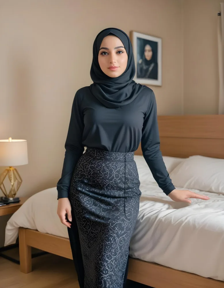 An Arab Woman 25 Years Old Long Black Hair Light Skin Wearing A Black Hijab Black Long Sleeve Shirt And A Black Skirt In A Bedroom 14 390c