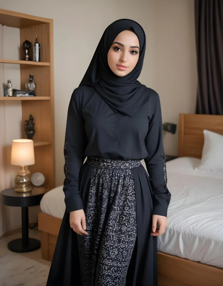An Arab Woman 25 Years Old Long Black Hair Light Skin Wearing A Black Hijab Black Long Sleeve Shirt And A Black Skirt In A Bedroom 17 7ca6