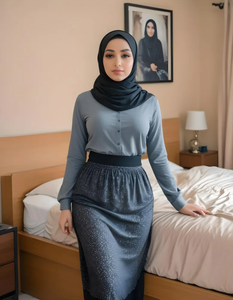 An Arab Woman 25 Years Old Long Black Hair Light Skin Wearing A Black Hijab Black Long Sleeve Shirt And A Black Skirt In A Bedroom 22 2a03