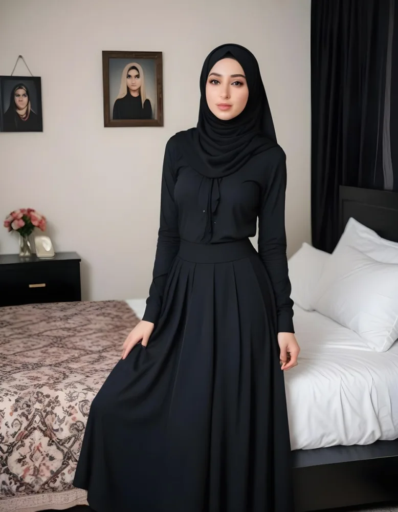 An Arab Woman 25 Years Old Long Black Hair Light Skin Wearing A Black Hijab Black Long Sleeve Shirt And A Black Skirt In A Bedroom 3 4aa8