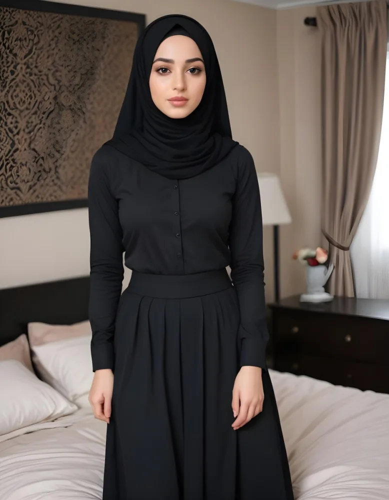 An Arab Woman 25 Years Old Long Black Hair Light Skin Wearing A Black Hijab Black Long Sleeve Shirt And A Black Skirt In A Bedroom 4 C309