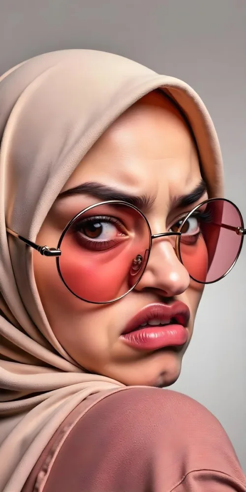 An Arab Woman 25 Years Old With Brown Eyes Wearing A Hijab And Round Glasses Making A Disgusted Face In A White Background 10 429d