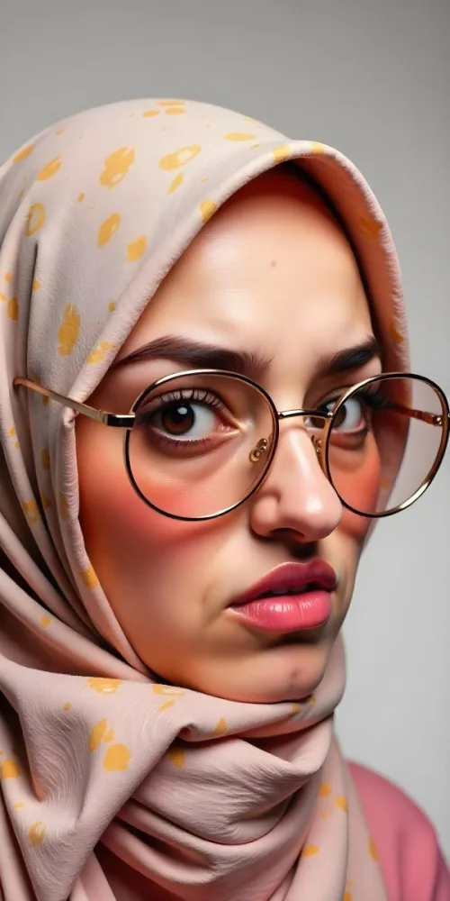 An Arab Woman 25 Years Old With Brown Eyes Wearing A Hijab And Round Glasses Making A Disgusted Face In A White Background 25 5f1a
