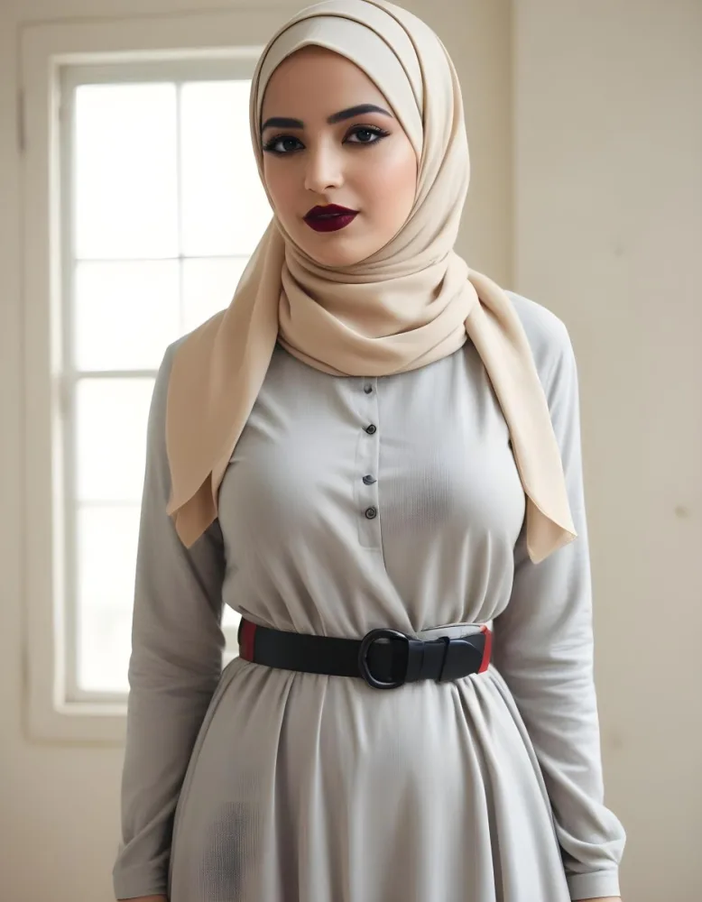 An Arab Woman 27 Years Old Black Lipstick Wearing A Beige Hijab And A Long Dress With A Red Belt In A Room With A Window 11 880e