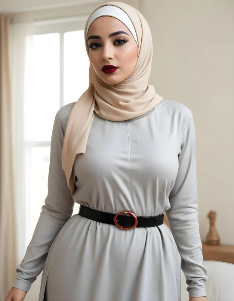 An Arab Woman 27 Years Old Black Lipstick Wearing A Beige Hijab And A Long Dress With A Red Belt In A Room With A Window 17 450b