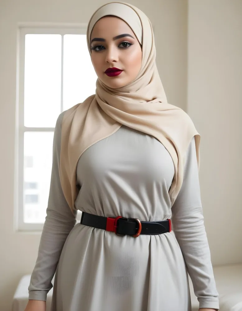 An Arab Woman 27 Years Old Black Lipstick Wearing A Beige Hijab And A Long Dress With A Red Belt In A Room With A Window 22 C5c9