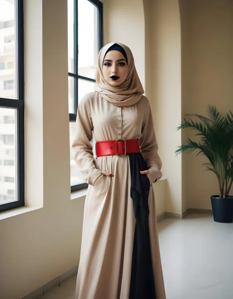 An Arab Woman 27 Years Old Black Lipstick Wearing A Beige Hijab And A Long Dress With A Red Belt In A Room With A Window 3 8c4e