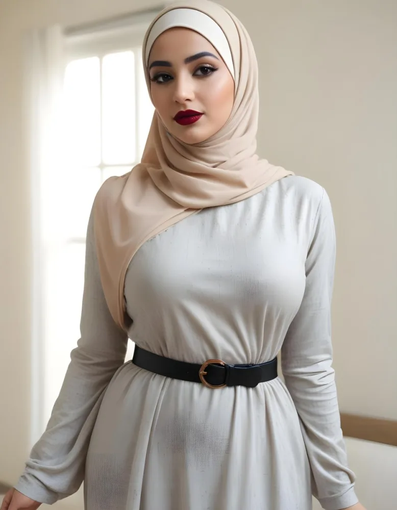 An Arab Woman 27 Years Old Black Lipstick Wearing A Beige Hijab And A Long Dress With A Red Belt In A Room With A Window 30 A7db