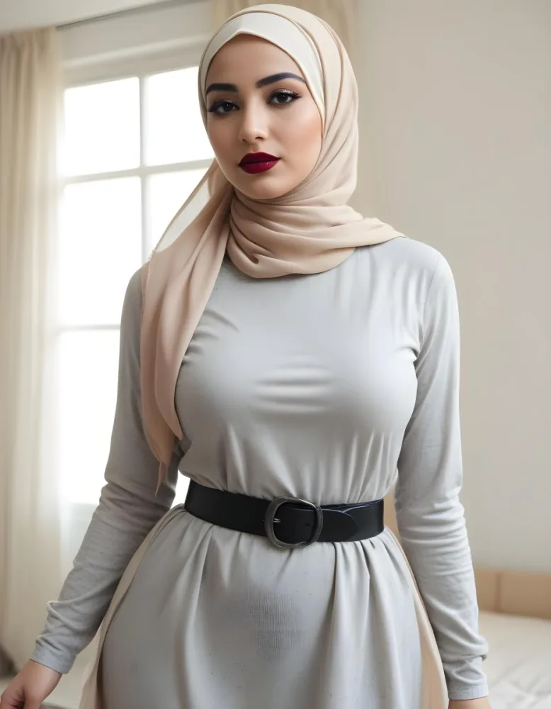 An Arab Woman 27 Years Old Black Lipstick Wearing A Beige Hijab And A Long Dress With A Red Belt In A Room With A Window 32 A11c