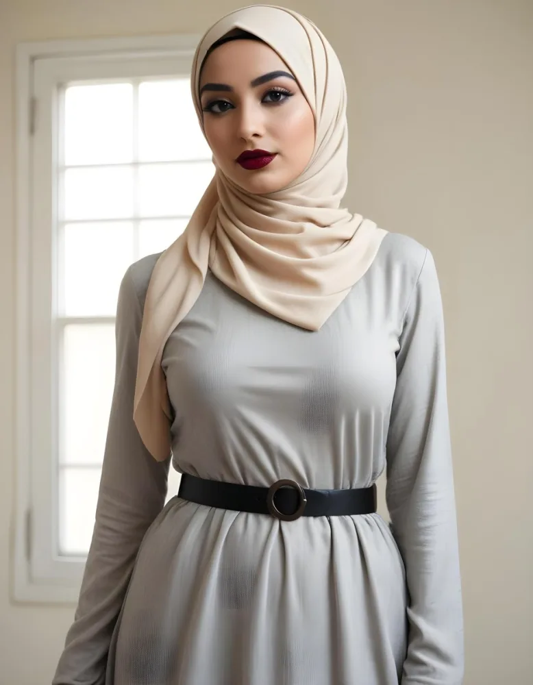 An Arab Woman 27 Years Old Black Lipstick Wearing A Beige Hijab And A Long Dress With A Red Belt In A Room With A Window 33 08ca
