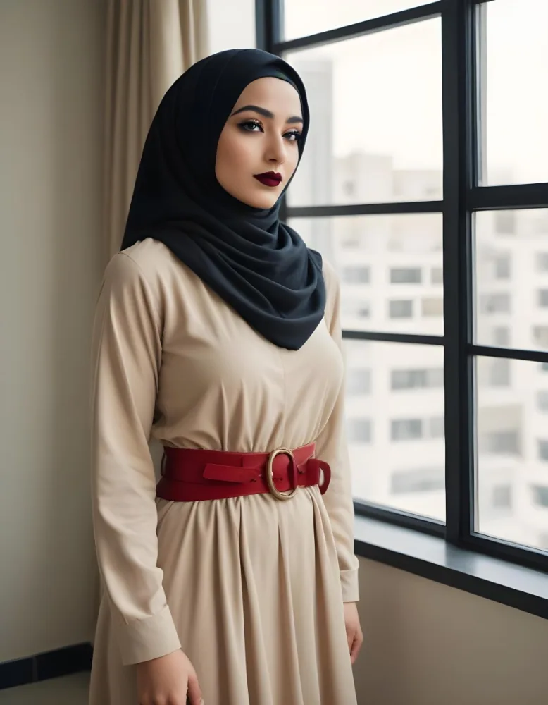 An Arab Woman 27 Years Old Black Lipstick Wearing A Beige Hijab And A Long Dress With A Red Belt In A Room With A Window 34 857c